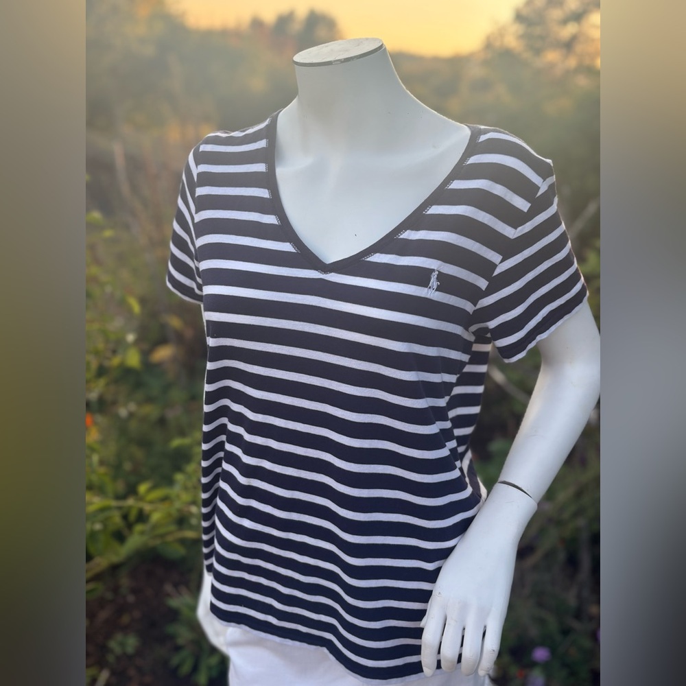 Ralph Lauren Sport Short Sleeve T-shirt Blue Striped V-neck in Women's Size XL